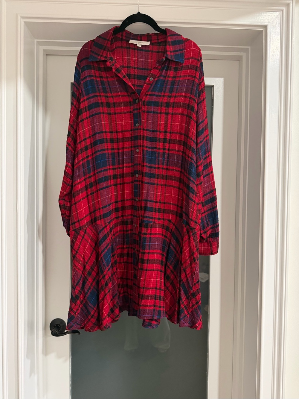 LOFT Red and Navy Plaid Button-Front Tunic